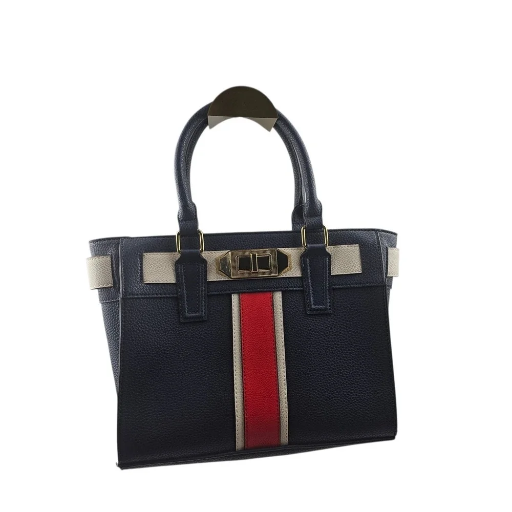 Aldo Navy Blue Pebbled Satchel Handbag Red Cream Stripe‎ Gold Hardware Tote